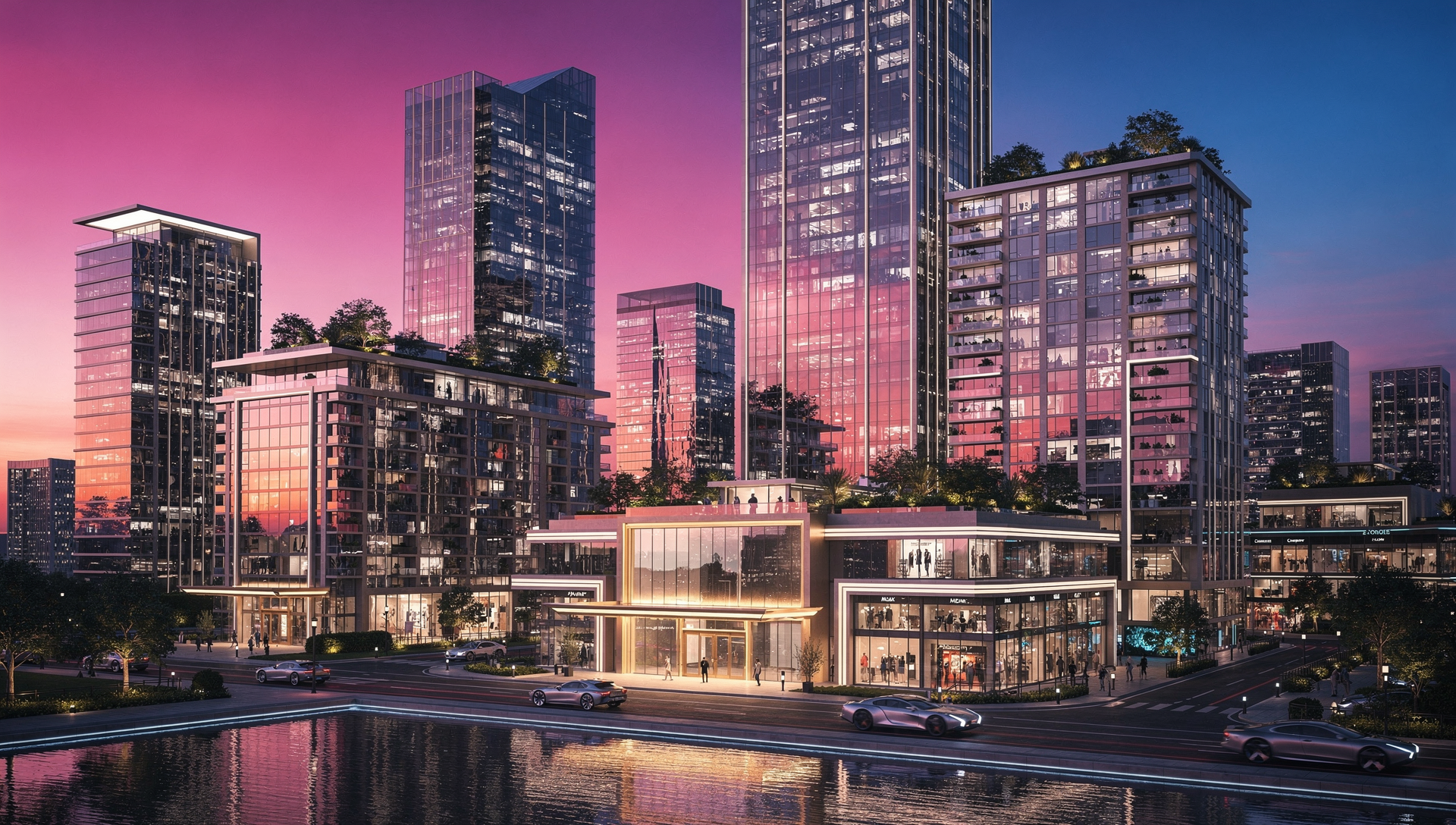 Glass towers and a lit retail podium at dusk